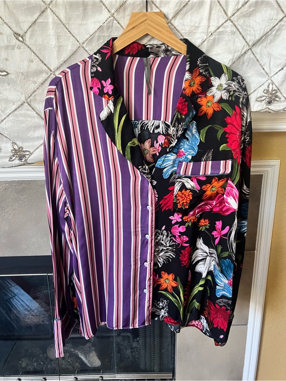 Anthropologie Black Floral & Purple Stripe Mixed-Print Button Down